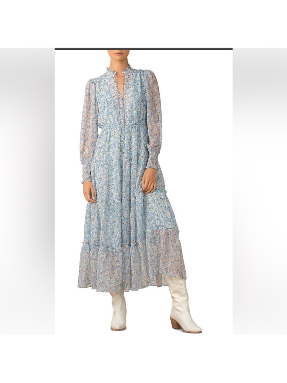 Blue Floral Long-Sleeve Tiered Maxi Dress